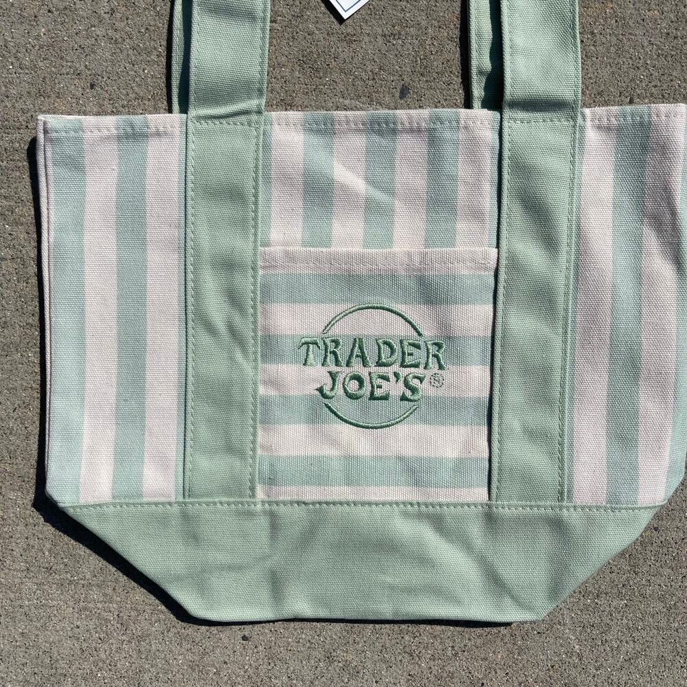 Set of 4! Trader Joe’s Canvas MINI Tote Bags PASTEL STRIPE Blue Green Pink Khaki - Picture 11 of 15